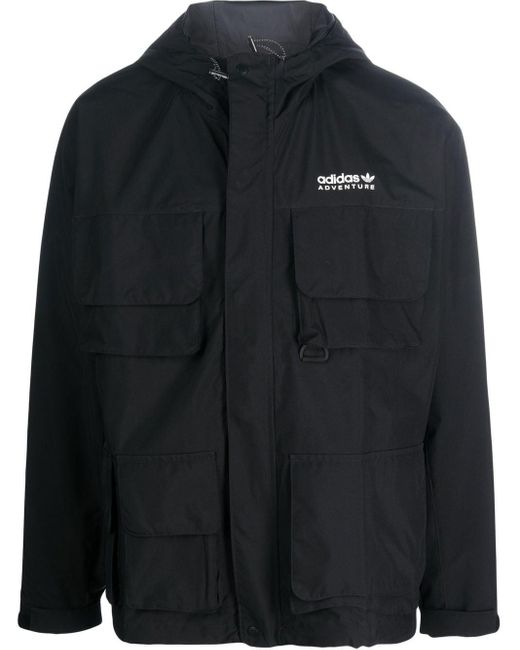 adidas Chest Logo-print Hooded Jacket in Black for Men | Lyst