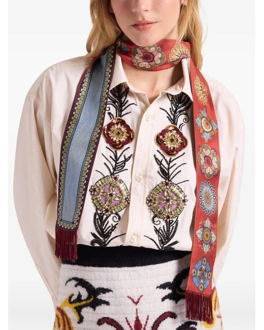 LaDoubleJ Red Floral-Pattern Fringed Scarf