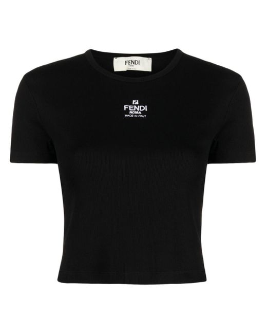 Fendi Black Cropped-T-Shirt mit Logo-Stickerei