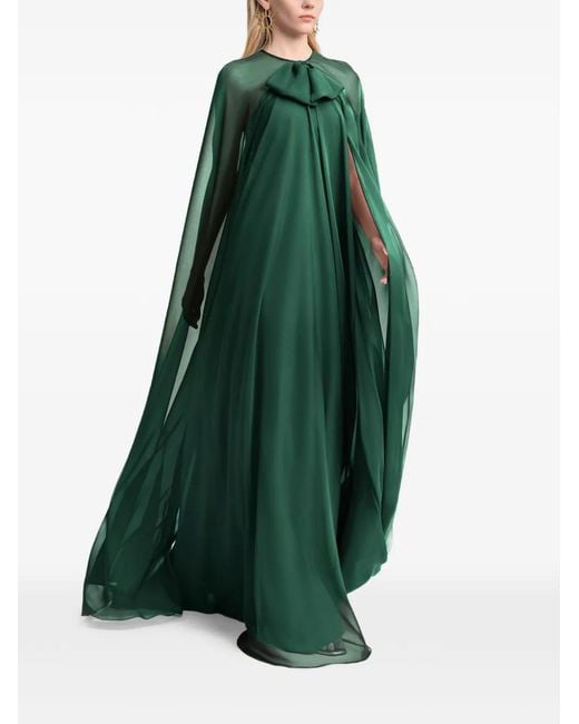 Gemy Maalouf Green Bow-Detail Cape-Sleeves Maxi Dress