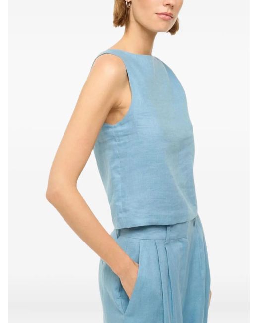 Staud Blue Boa Boat-Neck Linen Tank Top