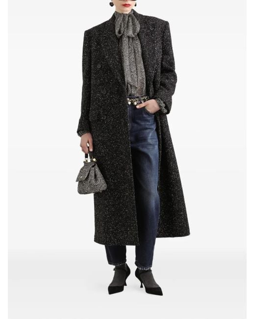 Dolce & Gabbana Black Herringbone-Pattern Double-Breasted Coat
