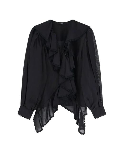 ACTUALEE Black Embroidered Ruffled Shirt