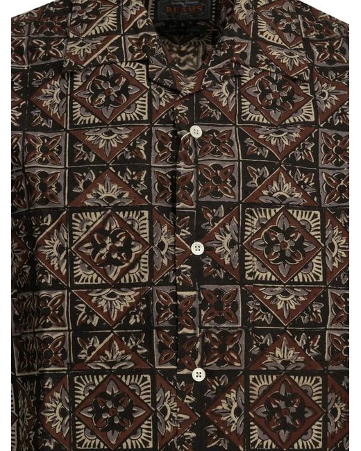 Beams Plus Gray Geometric-Print Short-Sleeve Shirt for men