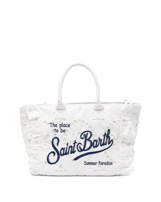 Mc2 Saint Barth White Vanity Volant Broderie-Anglaise Tote Bag