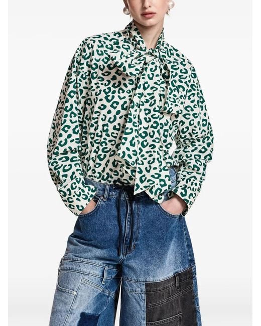 Essentiel Antwerp Blue Khaleesi Leopard-Print Pussy-Bow Shirt