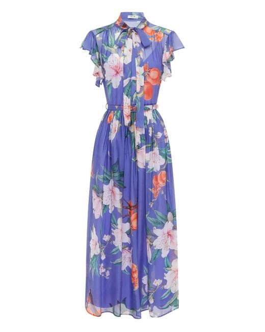LEO LIN Blue Floral-Print Belted Maxi Dress