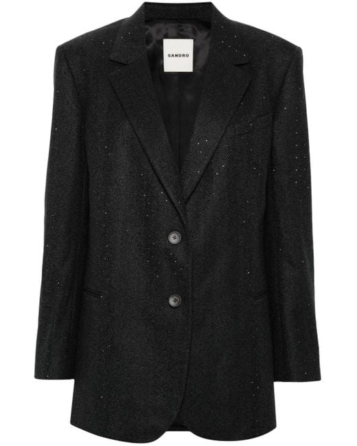 Sandro Black Herringbone Rhinestone-Embellished Blazer