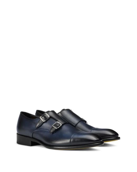 Doucal's Blue Leather Double-Buckle Monk Shoes for men
