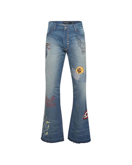 Earthling VIP Blue Graphic-Patch Button-Fastening Jeans for men