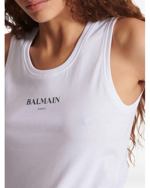 Balmain White Logo-Print Tank Top