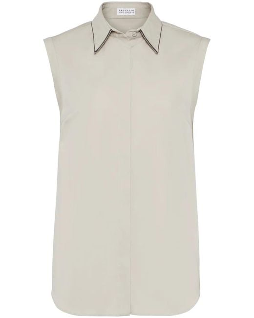 Brunello Cucinelli White Sleeveless Cotton-Blend Blouse