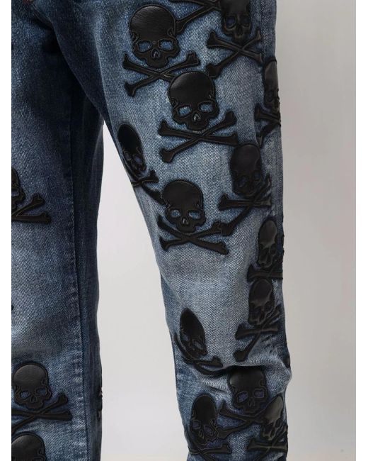 Philipp Plein Blue Skull-Patch Tapered Jeans for men
