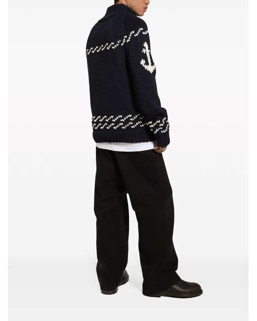 Dolce & Gabbana Blue Patterned Intarsia-Knit Cotton-Blend Jumper for men