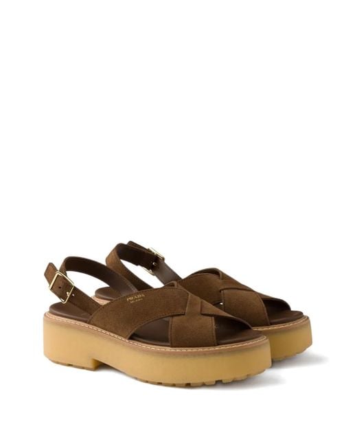 Prada Brown Buckle-Strap Suede Sandals