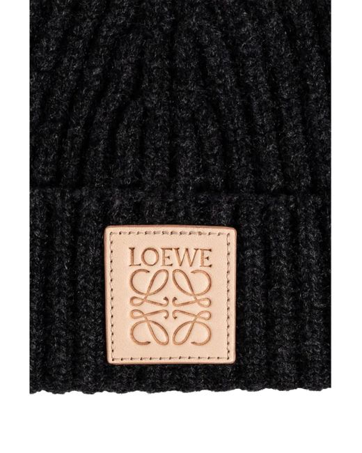 Loewe Black Ribbed Logo-Patch Beanie Hat