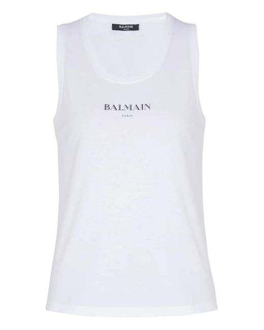 Balmain White Logo-Print Tank Top