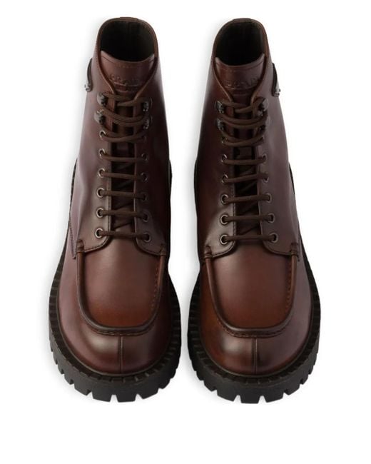 Prada Brown Lace-Up Lug-Sole Boots for men