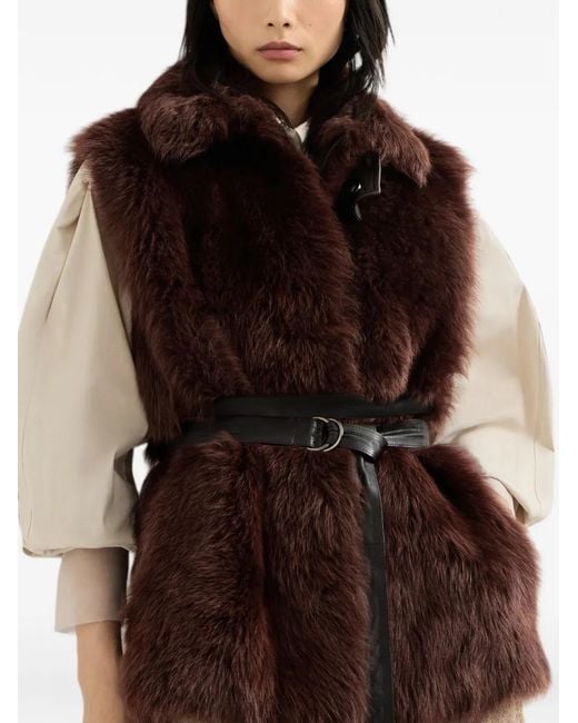 Brunello Cucinelli Brown Lux Shearling Vest With Nappa Leather Belt And Monili