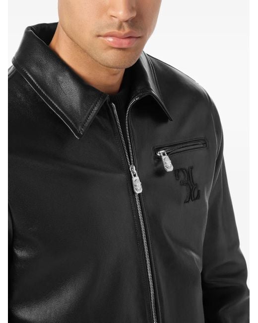 Billionaire Black Embroidered-Logo Leather Jacket for men