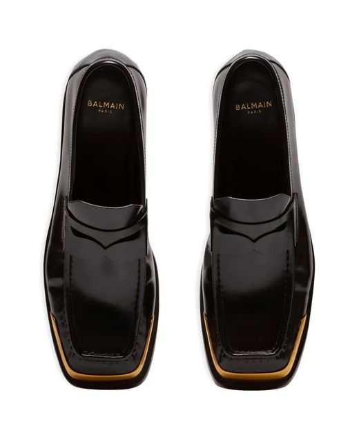 Balmain Black Square-Toe Glazed Leather Loafers for men