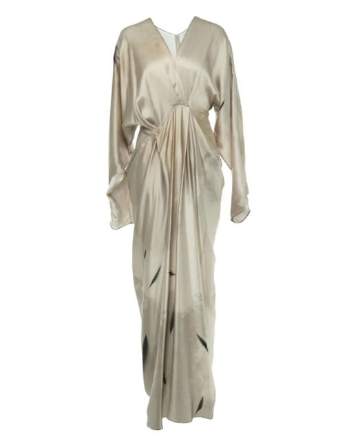 YANGKEHAN White Draped Print Silk Maxi Evening Dress
