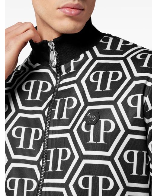 Philipp Plein Black Monogram-Print Track Jacket for men