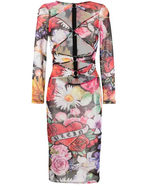 Philipp Plein White Love Flowers Midi Dress