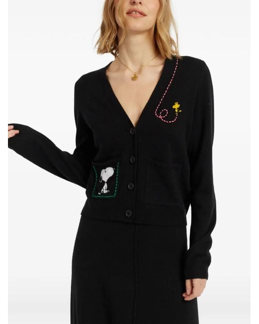 Chinti & Parker Black Snoopy-Intarsia Patch-Pocket Cardigan