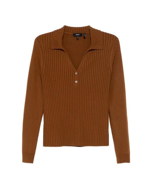 Theory Brown Ribbed Polo Top