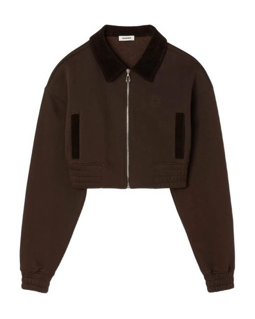 Sandro Brown Zip-Up Embroidered Sweatshirt