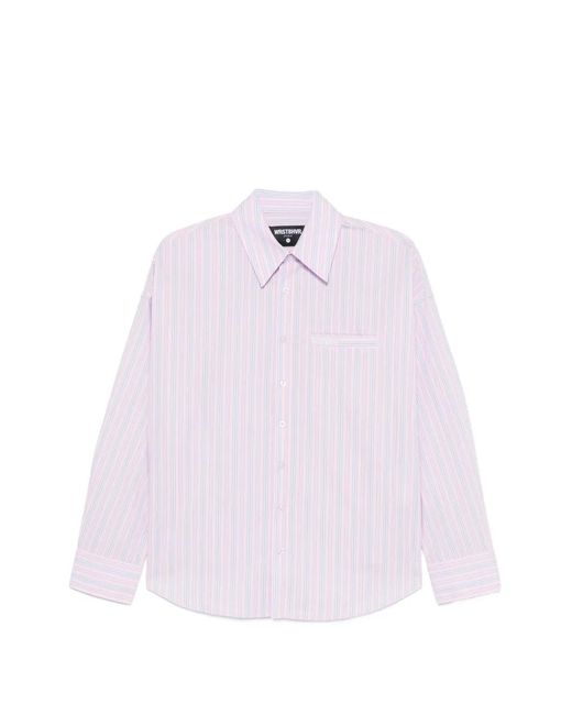 WRSTBHVR Pink Tave Vertical-Stripe Logo-Patch Shirt