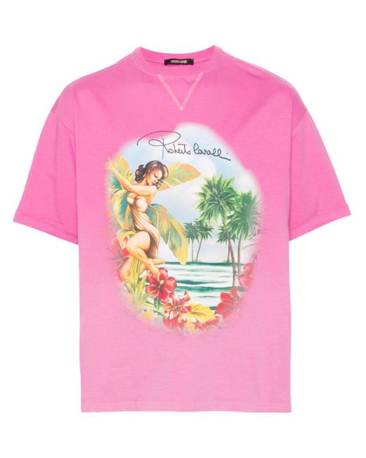 T-shirt en coton à imprimé Hawaii Roberto Cavalli pour homme en coloris Pink