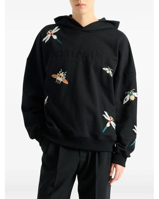 Balmain Black Embroidered Insect Hoodie for men