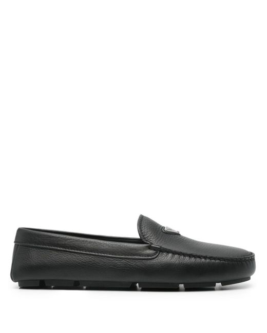 Prada Black Triangle-Logo Leather Loafers for men