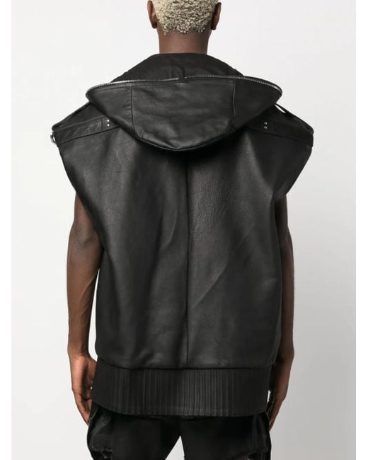 Rick Owens Black Lido Sleeveless Hooded Leather Jacket for men
