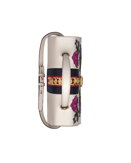 gucci white sylvie embroidered top handle