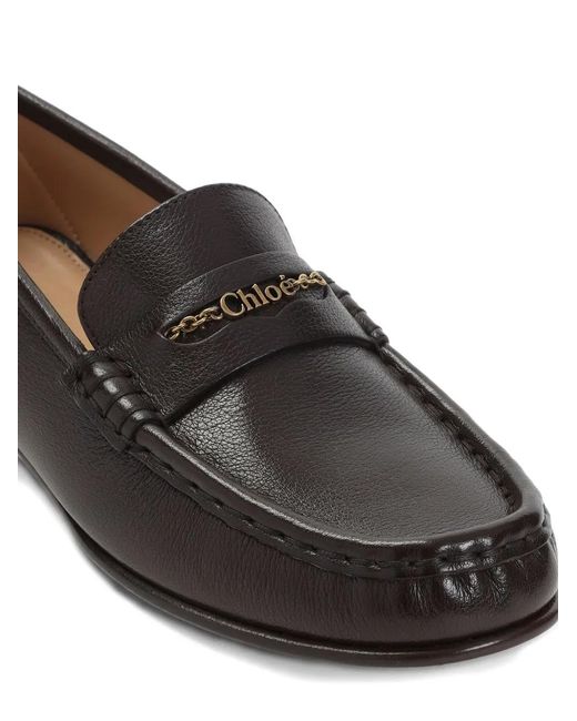 Chloé Brown Logo Leather Loafers