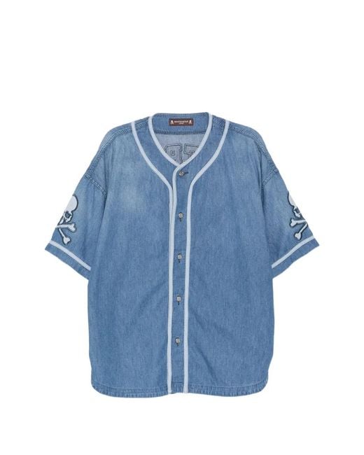 Mastermind Japan Blue Logo-Patched Panelled Shirt for men