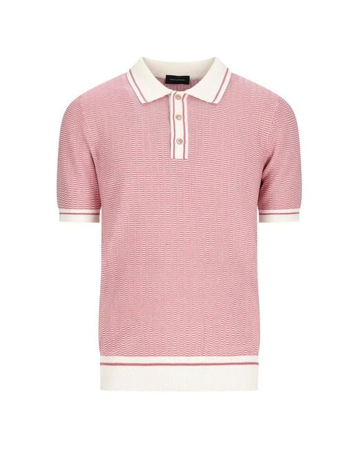Tagliatore Pink Textured-Knit Striped-Trim Polo Shirt for men