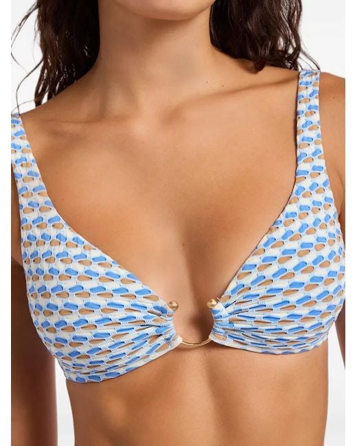 Seafolly Blue Mala Patterned Ring-Detail Bikini Top