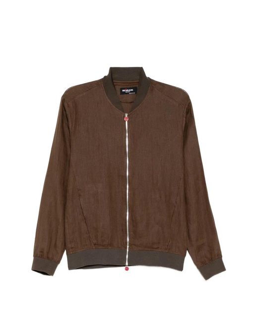 Kiton Brown Linen Ribbed-Trim Zip Jacket for men