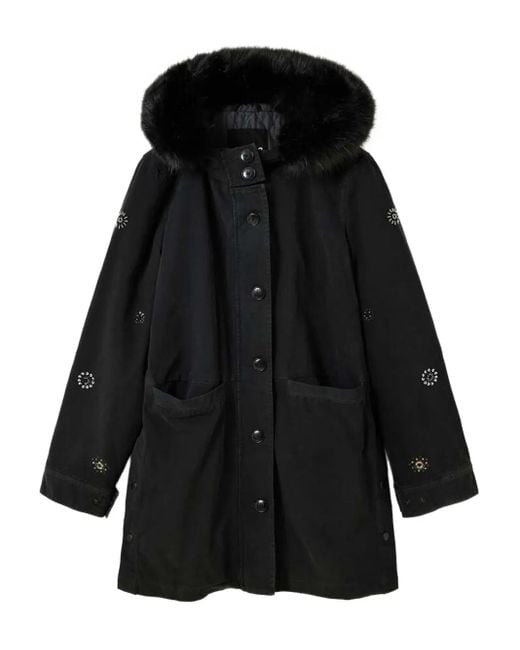 Desigual Black Embellished Fur-Trimmed Parka