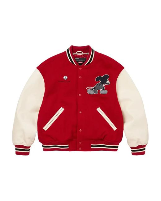 Supreme Red Mickey Appliqued Varsity Jacket for men
