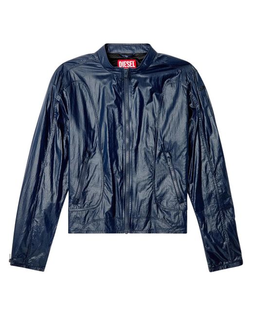 DIESEL Blue Biker Jacket In Shiny Ripstop for men