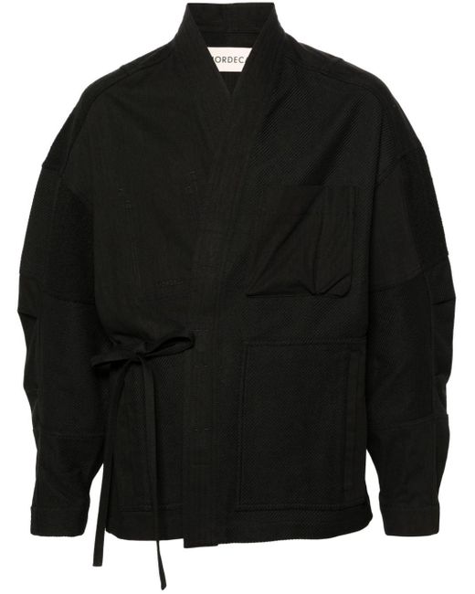 Mordecai Black Shawl-lapel Panelled Wrap Jacket for men