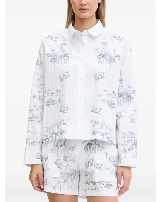EA7 White Print-Detail Long-Sleeve Shirt