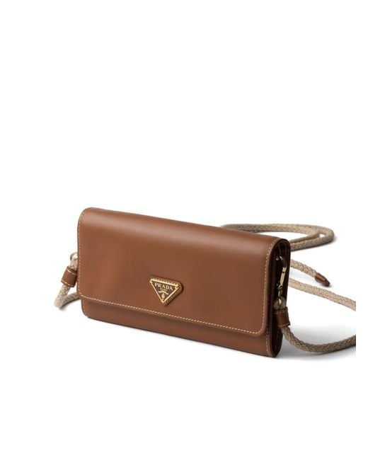 Prada Brown Leather Wallet With Shoulder Strap