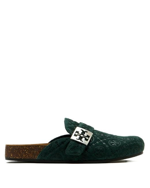 Tory Burch Green Logo-Buckle Flat Mules