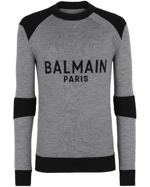 Balmain Gray Sweater With Logo for men